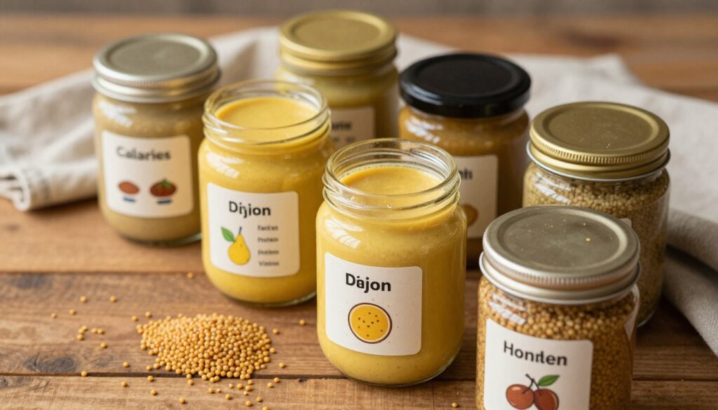 A close-up arrangement of mustard jars on a wooden table, showcasing various types like yellow, Dijon, and whole grain. Each jar should have a clear label highlighting its nutritional values, creatively illustrated with infographics such as calories, fat, protein, and vitamins. In the background, farm-fresh mustard seeds scattered on a rustic cloth, symbolizing natural ingredients. Soft, warm lighting enhances the earthy tones of the mustard and seeds, creating a welcoming atmosphere. The scene is shot from a slightly elevated angle with a shallow depth of field, allowing the textures of the jars and seeds to stand out, inviting viewers to consider the health benefits of mustard in a cozy, earthy kitchen setting. A close-up arrangement of mustard jars on a wooden table, showcasing various types like yellow, Dijon, and whole grain. Each jar should have a clear label highlighting its nutritional values, creatively illustrated with infographics such as calories, fat, protein, and vitamins. In the background, farm-fresh mustard seeds scattered on a rustic cloth, symbolizing natural ingredients. Soft, warm lighting enhances the earthy tones of the mustard and seeds, creating a welcoming atmosphere. The scene is shot from a slightly elevated angle with a shallow depth of field, allowing the textures of the jars and seeds to stand out, inviting viewers to consider the health benefits of mustard in a cozy, earthy kitchen setting.