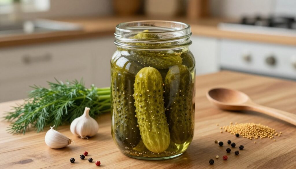 A close-up composition featuring a beautifully arranged glass jar filled with pickled cucumbers, showcasing their glossy, vibrant green skin. The jar is set against a rustic wooden kitchen countertop, surrounded by ingredients for the brine: fresh dill, garlic cloves, mustard seeds, and vibrant spices like peppercorns. In the background, a soft-focus view of a cozy kitchen is visible, with warm, natural lighting filling the space, enhancing the homemade feel. A wooden spoon rests nearby, hinting at the preparation process. The overall mood is inviting and nostalgic, evoking the art of home pickling. The angle is slightly overhead to capture both the jar and the ingredients, with a gentle bokeh effect for depth.