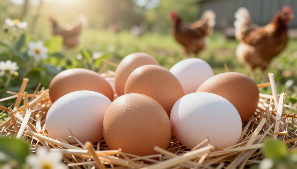 A close-up composition of a nest filled with fresh, organically produced eggs in various shades of brown and white, resting on a bed of soft straw. The foreground features a single egg with a light glistening on its shell, highlighting its smooth texture. In the middle, the nest is surrounded by lush greenery and subtle, soft-focus flowers to evoke a sense of natural goodness. The background shows a sunny, outdoor chicken coop setting with healthy hens roaming freely, symbolizing the importance of quality farming methods. The lighting is warm and inviting, capturing a bright morning atmosphere, with a shallow depth of field to emphasize the eggs and create a calm, wholesome mood.