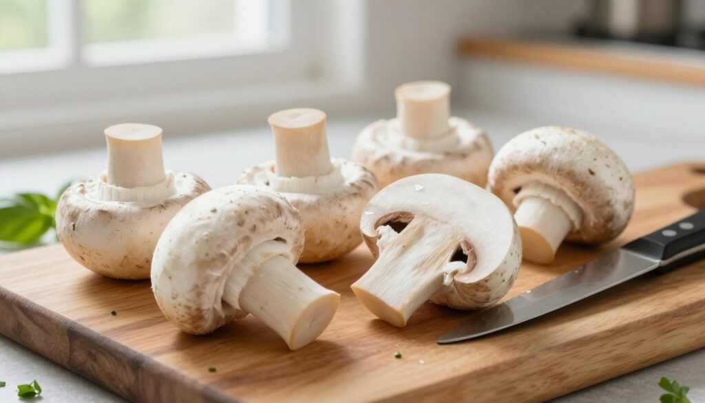 A close-up composition of fresh, clean white button mushrooms (pieczarki) arranged artfully on a wooden chopping board before being sliced for pizza preparation. The mushrooms are displayed with their earthy tones contrasting against the warm, rustic wood. In the background, soft, natural light filters through a kitchen window, creating a cozy atmosphere. A sharp knife rests beside the mushrooms, glistening in the light, hinting at the meticulous cleaning process. Subtle hints of chopped herbs, like basil and oregano, are scattered around, evoking a sense of culinary readiness. The image focuses on the freshness and pristine quality of the mushrooms, emphasizing their importance in pizza-making while ensuring a clean and inviting presentation.