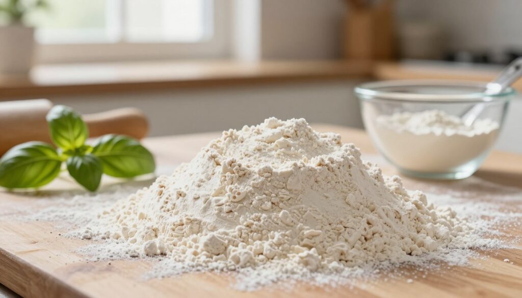 A close-up composition showcasing a texture-rich mound of high-quality wheat flour, known as "mąka pszenna," sprinkled lightly with soft, fine powder. In the foreground, a wooden surface reveals fine flour particles catching the light, highlighting their delicate nature. In the middle, a glass bowl containing the flour stands prominently, with a few sprigs of fresh basil and a measuring cup nearby, filled with water and yeast, hinting at preparation for pizza dough. The background presents a soft-focus kitchen setting with warm, natural lighting coming from a window, casting gentle shadows that enhance the atmosphere of a cozy, inviting baking space. The mood is vibrant yet calming, evoking the promise of deliciously crafted pizza crusts.