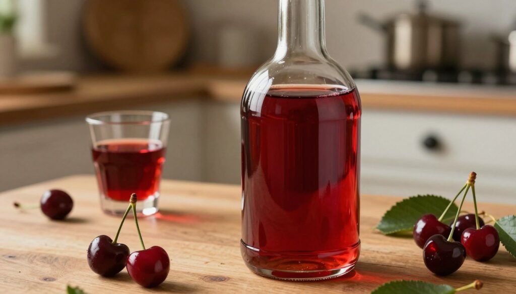 A close-up image of a clear glass bottle filled with rich red cherry liqueur, showcasing the vibrant color and clarity of the drink. The bottle is positioned on a wooden table, surrounded by fresh, juicy cherries and green leaves to add a natural touch. In the background, a rustic kitchen setting hints at traditional processes, with soft, warm lighting illuminating the scene. A glass of the liqueur is placed nearby, reflecting light, emphasizing its glossy texture. The atmosphere is cozy and inviting, evoking the essence of homemade spirits. Capture this still life composition with shallow depth of field to focus on the bottle and cherries, blurring the kitchen background slightly for a warm, intimate feel.