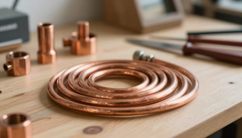 A close-up image of a copper cooling coil, also known as "rurka chłodnica," elegantly shaped in a spiral formation. The foreground features the shiny copper tube with intricate details showcasing its polished surface and smooth bends, reflecting soft ambient light. In the middle ground, a workspace is lightly blurred, displaying copper fittings, tools, and a light wooden table, emphasizing practicality and craftsmanship. The background remains subtly out of focus with hints of workshop elements, creating a warm and professional atmosphere. Natural lighting illuminates the scene, casting gentle shadows that enhance the textures of the copper. This composition aims to convey a sense of careful selection and craftsmanship in creating the ideal length of a copper tube for use in distillation. A close-up image of a copper cooling coil, also known as "rurka chłodnica," elegantly shaped in a spiral formation. The foreground features the shiny copper tube with intricate details showcasing its polished surface and smooth bends, reflecting soft ambient light. In the middle ground, a workspace is lightly blurred, displaying copper fittings, tools, and a light wooden table, emphasizing practicality and craftsmanship. The background remains subtly out of focus with hints of workshop elements, creating a warm and professional atmosphere. Natural lighting illuminates the scene, casting gentle shadows that enhance the textures of the copper. This composition aims to convey a sense of careful selection and craftsmanship in creating the ideal length of a copper tube for use in distillation.