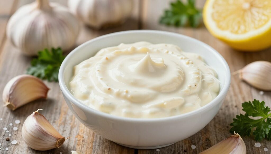 A close-up image of a creamy garlic sauce, known as "sos czosnkowy," in a small, elegant white bowl, surrounded by fresh garlic cloves and sprigs of parsley. The sauce should appear rich and smooth, glistening under natural soft daylight that highlights its texture. In the background, a rustic wooden table adds warmth to the scene, while scattered ingredients like a lemon wedge and a pinch of salt complement the composition. Capture the details of the garlic cloves, showcasing their papery skin and unique shapes. This inviting and appetizing setting evokes a cozy kitchen atmosphere, emphasizing the essential role of fresh garlic in the sauce. Use a shallow depth of field to focus on the sauce while softly blurring the background for a sophisticated look.