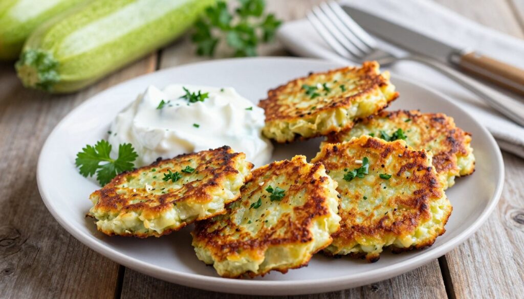 A close-up image of a plate of golden, crispy "placki z kabaczka" (zucchini fritters) arranged beautifully. The fritters are perfectly browned, garnished with a sprinkle of fresh herbs and served with a dollop of creamy white yogurt. In the background, a rustic wooden table is set with fresh zucchinis, herbs, and cooking utensils to indicate the meal's homemade nature. Soft, natural lighting illuminates the scene, creating an inviting and warm atmosphere. The angle should be slightly overhead to showcase the texture of the fritters and the vibrant colors of the garnishes, emphasizing a delicious and tempting presentation that highlights the essence of seasonal cooking. A close-up image of a plate of golden, crispy "placki z kabaczka" (zucchini fritters) arranged beautifully. The fritters are perfectly browned, garnished with a sprinkle of fresh herbs and served with a dollop of creamy white yogurt. In the background, a rustic wooden table is set with fresh zucchinis, herbs, and cooking utensils to indicate the meal's homemade nature. Soft, natural lighting illuminates the scene, creating an inviting and warm atmosphere. The angle should be slightly overhead to showcase the texture of the fritters and the vibrant colors of the garnishes, emphasizing a delicious and tempting presentation that highlights the essence of seasonal cooking.