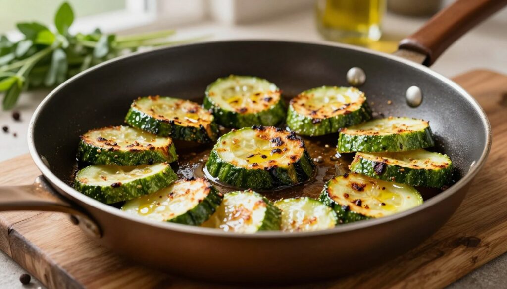 A close-up image of a sizzling pan of crispy zucchini slices, golden brown and perfectly charred, resting on a rustic wooden kitchen table. The vibrant green of the zucchini contrasts beautifully with the warm brown of the pan. In the background, soft, natural light floods a cozy kitchen environment, highlighting fresh herbs and spices nearby, suggesting an inviting cooking atmosphere. Focus on textures— the crispy exterior of the zucchini and the glossy sheen from a drizzle of olive oil. The scene captures an inviting moment in the cooking process, with a slightly overhead angle to emphasize the delicious details, evoking a sense of warmth and comfort.