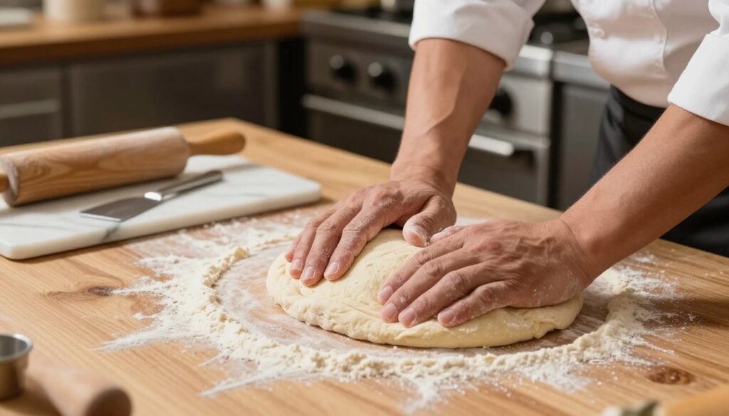 A close-up image of a skilled chef kneading pizza dough by hand on a wooden countertop, showcasing the techniques of manual dough preparation. The foreground features hands working with flour-dusted dough, emphasizing texture and elasticity. In the middle ground, a marble pastry board with tools like a rolling pin and dough scraper can be seen, accentuating the artisanal approach. The background subtly hints at a modern kitchen with stainless steel appliances and warm, inviting lighting that creates a cozy atmosphere. The camera angle is slightly elevated, focusing on the hands while softly blurring the surrounding elements to draw attention to the dough manipulation process. The overall mood conveys professionalism and passion for pizza-making.