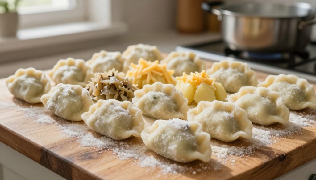 A close-up image of frozen pierogi arranged neatly on a rustic wooden kitchen table, with some ice crystals visible on their surfaces to emphasize their frozen state. The pierogi should be well-shaped and filled, showcasing a variety of fillings like potato, cheese, and sauerkraut. In the background, softly blurred kitchen utensils and a steaming pot of water hint at the cooking process. Warm, natural lighting streams in from a nearby window, casting gentle shadows that create depth. The atmosphere is inviting and homely, reflecting the comforting nature of the dish. The camera is slightly above eye level, focusing on the texture and details of the pierogi while maintaining a clean, uncluttered composition.