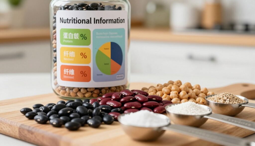 A close-up image showcasing the nutritional values of beans, highlighting their protein content and mineral profile. In the foreground, a variety of beans including black beans, kidney beans, and chickpeas are displayed on a wooden cutting board, surrounded by measuring spoons filled with minerals like iron, magnesium, and potassium. In the middle ground, a transparent glass jar labeled "Nutritional Information" holds colorful infographics with percentages and pie charts representing protein, fiber, and mineral content. The background features a softly blurred kitchen setting with warm, natural lighting creating a cozy atmosphere. The shot is taken from a slight angle to emphasize the textures of the beans and the vibrant colors of the background, conveying a healthy and inviting mood.