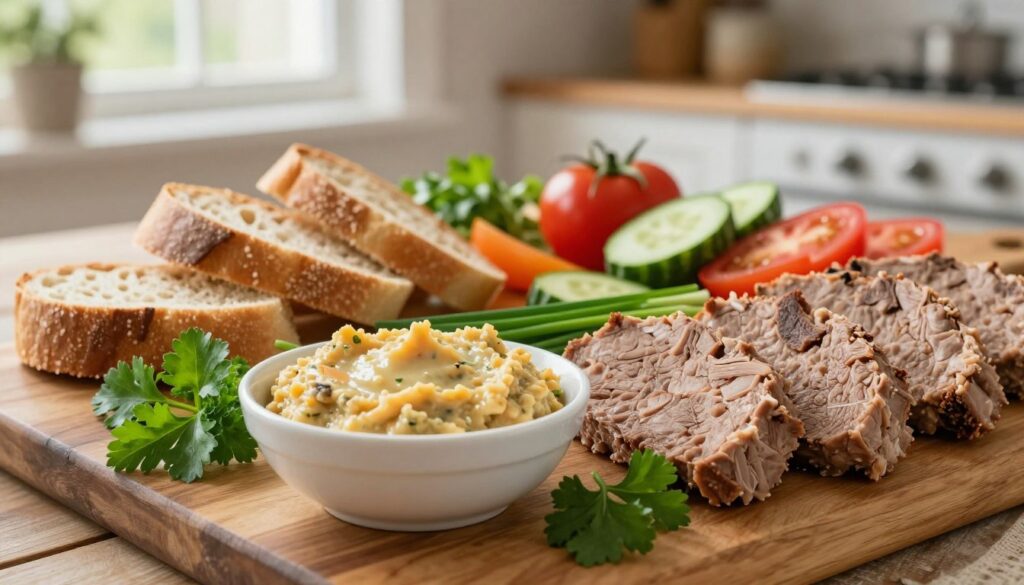 A close-up of a delicious plate of meat pastes made from leftover broth meat, artfully arranged on a rustic wooden table. In the foreground, a small bowl of the vibrant, creamy paste is surrounded by fresh herbs like parsley and chives, enhancing its texture. In the middle, slices of crusty bread and various colorful vegetables such as tomatoes and cucumbers are laid out, invitingly displayed as if for a picnic. The background features soft, natural lighting filtering through a nearby window, creating a warm and cozy atmosphere. A slightly blurred kitchen setting adds homely charm while maintaining focus on the enticing pastes and spreadables. The overall mood is inviting and wholesome, perfect for inspiring creative culinary uses for leftover meat.