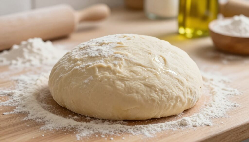 A close-up of a dough ball rising on a floured wooden countertop, showing its fluffy texture and subtle glossiness as it expands. The background features a cozy kitchen with soft, warm lighting illuminating the scene, evoking a sense of homeliness and culinary artistry. A rolling pin and various ingredients like flour and olive oil are subtly placed around the dough, hinting at the pizza-making process. The camera angle captures the dough from slightly above, emphasizing its size and the way it gently bulges. The overall mood is inviting and warm, symbolizing the transformation of basic ingredients into a delightful pizza crust.