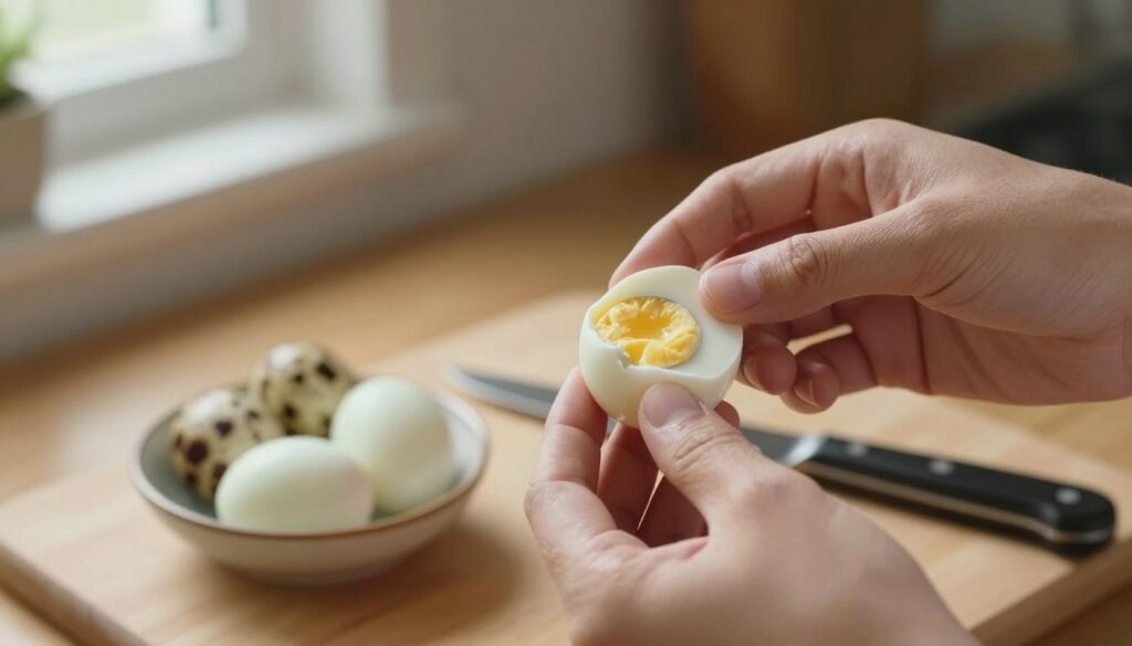 A close-up of a pair of hands carefully peeling soft-boiled quail eggs, revealing the delicate, creamy yolk inside. The foreground captures the smooth texture of the egg's shell and the hands' gentle touch, suggesting a methodical approach. In the middle, a small bowl holds several peeled quail eggs alongside a knife and a cutting board, emphasizing preparation and technique. The background features a warm kitchen setting with soft, natural light filtering through a window, creating a cozy atmosphere. The scene is photographed with a shallow depth of field, focusing on the peeling process, while a slightly blurred kitchen backdrop adds warmth and hominess to the image. A close-up of a pair of hands carefully peeling soft-boiled quail eggs, revealing the delicate, creamy yolk inside. The foreground captures the smooth texture of the egg's shell and the hands' gentle touch, suggesting a methodical approach. In the middle, a small bowl holds several peeled quail eggs alongside a knife and a cutting board, emphasizing preparation and technique. The background features a warm kitchen setting with soft, natural light filtering through a window, creating a cozy atmosphere. The scene is photographed with a shallow depth of field, focusing on the peeling process, while a slightly blurred kitchen backdrop adds warmth and hominess to the image.