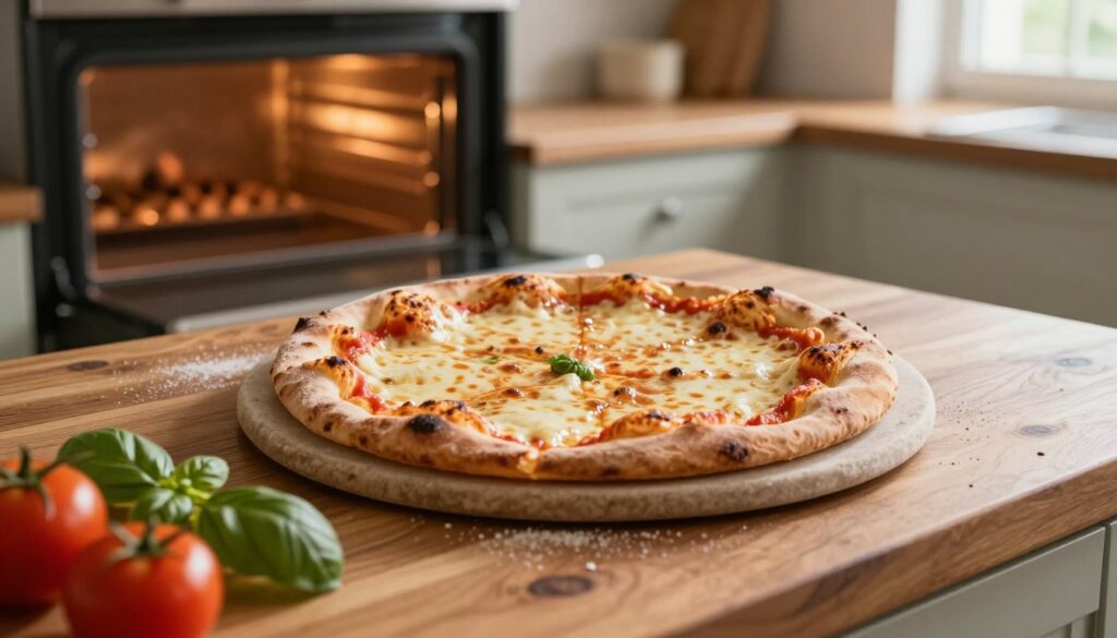 A close-up of a pizza stone placed on a rustic wooden kitchen countertop, glistening with heat after coming out of a hot oven. The stone is showcasing a perfectly baked pizza with a golden, crispy crust, the cheese bubbling and slightly charred. In the foreground, freshly chopped ingredients like basil and tomatoes are artfully scattered around the stone for a pop of color. The middle ground features a partially open oven door, revealing a softly glowing interior, enhancing the warm, inviting atmosphere. Soft, natural light streams from a nearby window, illuminating the scene and casting gentle shadows. The mood is cozy and inviting, emphasizing the home cooking experience and the art of achieving the perfect pizza crust through proper equipment use.