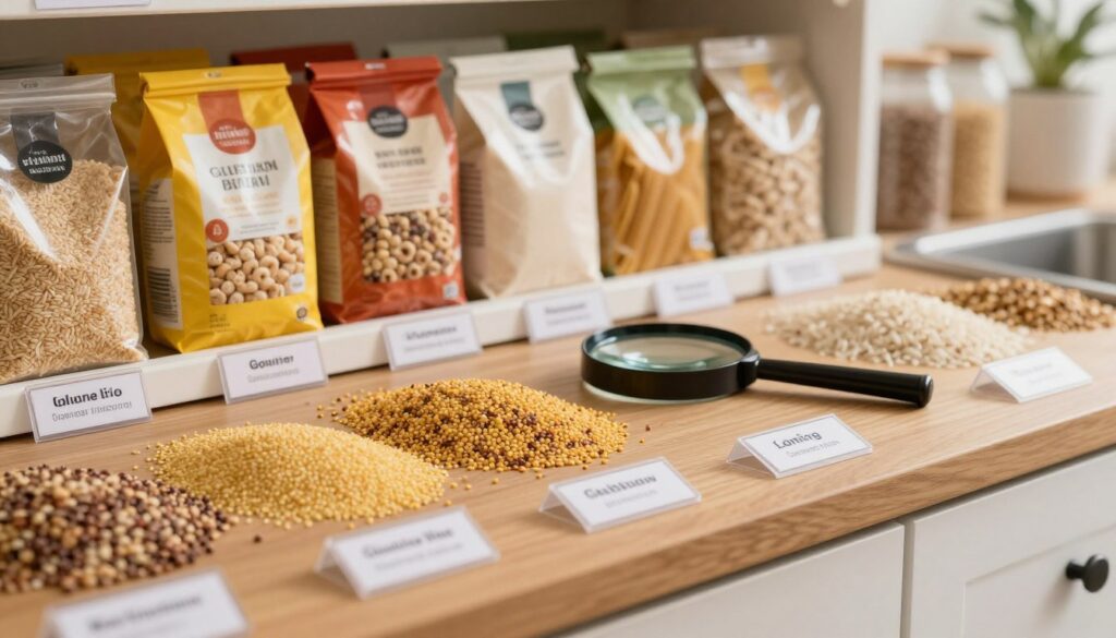 A close-up of a well-organized grocery shelf displaying a variety of grain products, including different types of cereals, flours, and pasta in colorful packaging. In the foreground, a few neatly placed labels highlight important information about gluten and grain types. The middle ground features a wooden table with whole grains like quinoa, millet, and rice, surrounding a magnifying glass that adds an element of inspection. The background shows soft, natural lighting that creates a warm and inviting atmosphere, reminiscent of a cozy kitchen. The image should evoke a sense of careful selection and awareness in dietary choices, perfect for educating readers on reading product labels. The scene should be captured with a shallow depth of field to focus on the details of the products while gently blurring the background. A close-up of a well-organized grocery shelf displaying a variety of grain products, including different types of cereals, flours, and pasta in colorful packaging. In the foreground, a few neatly placed labels highlight important information about gluten and grain types. The middle ground features a wooden table with whole grains like quinoa, millet, and rice, surrounding a magnifying glass that adds an element of inspection. The background shows soft, natural lighting that creates a warm and inviting atmosphere, reminiscent of a cozy kitchen. The image should evoke a sense of careful selection and awareness in dietary choices, perfect for educating readers on reading product labels. The scene should be captured with a shallow depth of field to focus on the details of the products while gently blurring the background.