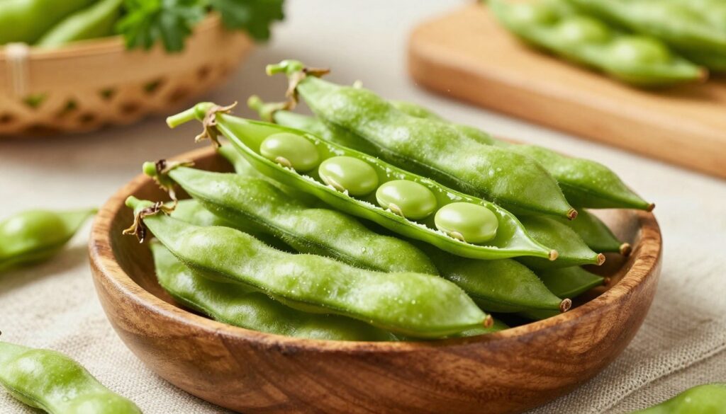 A close-up of fresh green fava beans, or "świeży bób," nestled in a rustic wooden bowl, surrounded by a soft, earthy fabric. In the foreground, focus on the vibrant green pods with their smooth skin glistening slightly, indicating freshness. The middle layer features a few open pods, revealing the delicate, pale green beans inside, emphasizing their inviting texture. In the background, softly blurred warm kitchen elements, like a basket of fresh herbs and a wooden cutting board, create a cozy atmosphere. The scene is softly lit with natural sunlight filtering in, casting gentle shadows and highlighting the beans’ sheen, evoking a sense of freshness and warmth. This inviting composition conveys the idea of preserving the freshness of fava beans for delightful consumption, both warm and cold.