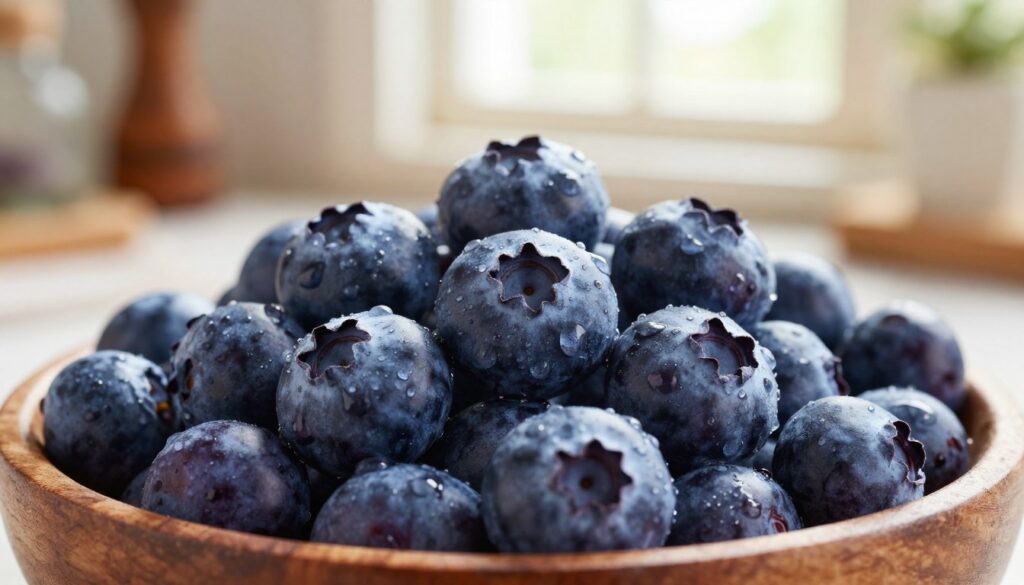 A close-up of fresh, plump American blueberries glistening with droplets of water, representing their rich color and enticing aroma. In the foreground, a wooden bowl overflowing with blueberries, showcasing their deep purple hues and details of the fine texture of the skins. In the middle ground, a softly blurred kitchen setting with hints of rustic tools, suggesting a homemade liquor-making atmosphere. The background features a warm, sunlit window, letting in gentle rays that add a cozy ambiance. The composition is captured with a shallow depth of field, enhancing the blueberries' vibrant colors while creating a soft, inviting mood. Natural lighting emphasizes the juiciness of the berries, making them appear fresh and ready for use.