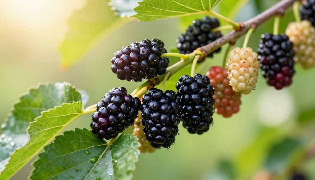 A close-up of ripe black mulberries, glistening with dew, nestled between lush green leaves. The foreground showcases a handful of these dark, juicy fruits, showcasing their deep, rich color and unique textures. The middle ground features a branch of a mulberry tree, with both black and white mulberries subtly depicted for comparison. In the background, a soft-focus sunlit garden setting adds a warm, inviting glow, enhancing the vibrant colors of the fruits. The lighting is bright yet gentle, creating a fresh, early morning atmosphere. The composition invites viewers to appreciate the distinction between the two types of mulberries, ideal for an article focused on their unique qualities.