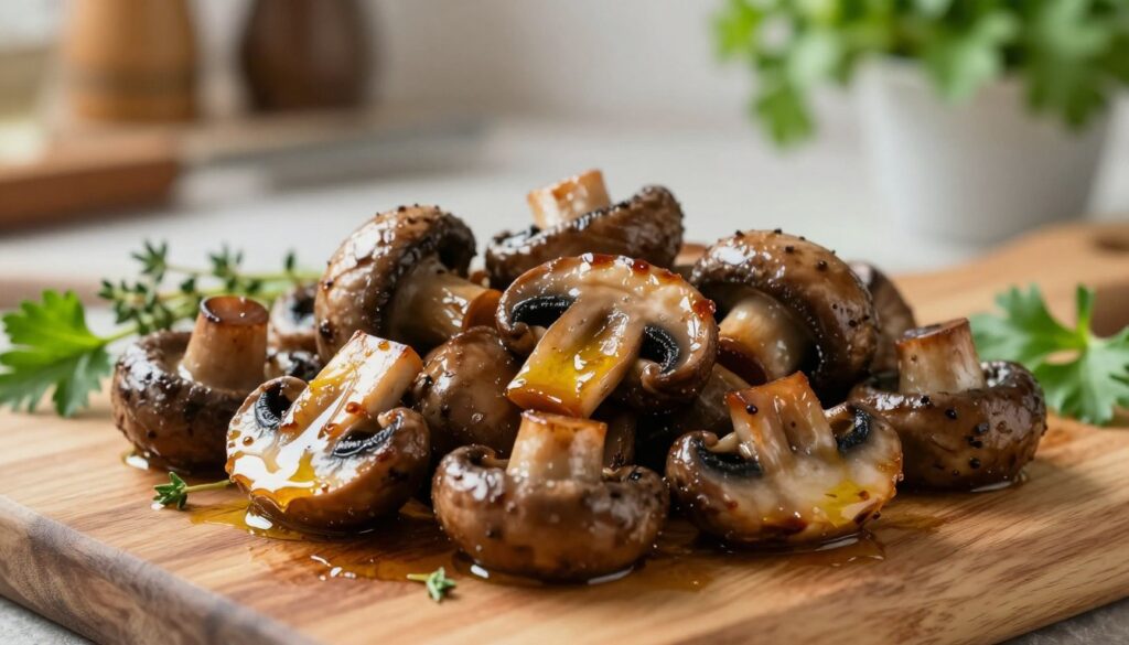 A close-up of sautéed mushrooms, caramelized to a rich brown, glistening with a light sheen of olive oil. The mushrooms are arranged attractively on a wooden cutting board, surrounded by fresh herbs like thyme and parsley, adding vibrant green accents. In the background, a softly lit kitchen setting with warm tones features blurred hints of cooking utensils and an herb pot. Natural light filters in, creating a cozy, inviting atmosphere. The focus is sharp on the mushrooms, emphasizing their texture and color, while the background softly fades to a bokeh effect. The image captures the essence of deepening the flavor of mushrooms, making it appealing and appetizing.