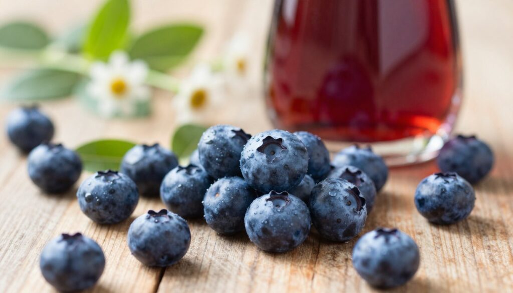 A close-up scene showcasing fresh blueberries, their deep blue hue glistening under soft, natural light. The berries are arranged artistically on a rustic wooden table, surrounded by hints of natural elements like green leaves and small wildflowers. In the background, a blurred image of a bottle of blueberry liqueur, elegantly shaped, reflects the fruit's vibrant color. The atmosphere is warm and inviting, evoking a sense of home and tradition. A gentle sunlight pours in from the side, highlighting the textures of the blueberries and adding a slight bokeh effect to the background. The angle is slightly tilted, capturing the depth of the berries while making the bottle a subtle focal point. The composition communicates a celebration of health and wellness associated with blueberries.