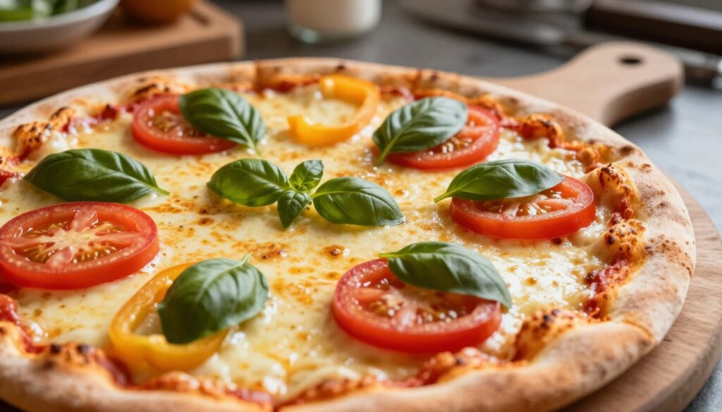 A close-up shot of a beautifully assembled pizza before baking, showcasing the cheese layer acting as a protective barrier. The foreground features a vibrant array of fresh ingredients like ripe tomatoes, slices of bell peppers, and fresh basil leaves, artfully arranged on top of the layered cheese. In the middle, the golden, melting cheese glistens under warm lighting, creating a comforting, inviting mood. The background displays a rustic wooden pizza board and a blurred kitchen setting, accentuating the homey atmosphere. Natural light softly illuminates the scene, highlighting the textures and colors of the ingredients while enhancing the creamy appeal of the cheese. The angle of the shot is slightly overhead, capturing the entire pizza composition and emphasizing the protective role of the cheese. The overall ambiance is warm, inviting, and deliciously enticing.