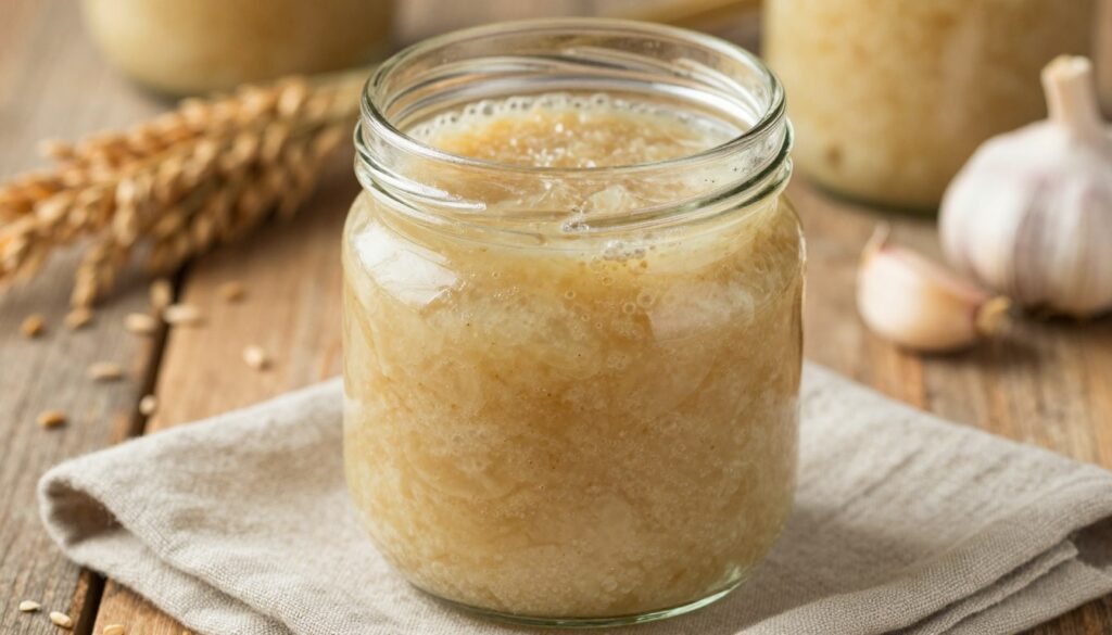 A close-up shot of a glass jar filled with traditional Polish zakwas, a fermentation of rye flour and water, showcasing its thick, viscous texture and distinct cloudy appearance. The jar sits on a rustic wooden table with a soft linen cloth underneath it. In the background, gentle lighting creates a warm, inviting atmosphere, highlighting the subtle bubbles within the zakwas, signifying fermentation. Soft focus on the background features ingredients like whole rye grains and garlic cloves, hinting at the natural components used in making zakwas. This image conveys the essence of tradition and craftsmanship in Polish cuisine, capturing the natural colors and textures in a professional manner. The angle is slightly tilted to emphasize the jar while maintaining a cozy kitchen environment.