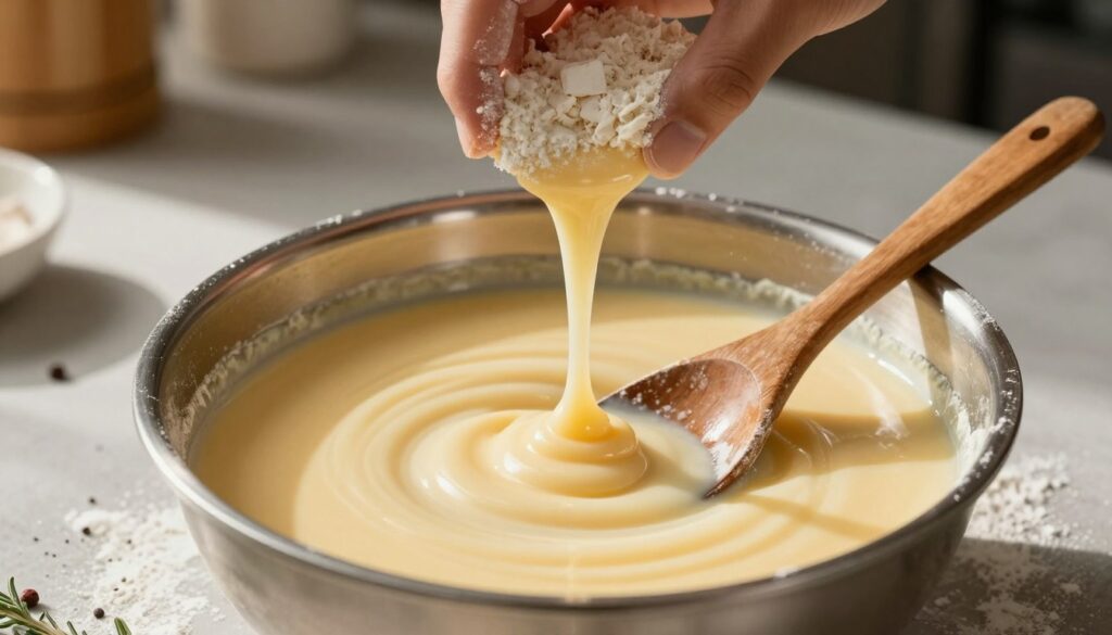 A close-up shot of a smooth, creamy sauce being thickened with a traditional flour slurry. In the foreground, a stainless steel bowl filled with a velvety sauce, rich in golden hues, surrounded by a sprinkle of flour and a rustic wooden spoon. In the middle, a hand gently pours a delicate mixture of flour and water into the sauce, creating swirling patterns. The background features a soft-focus kitchen countertop with scattered ingredients like herbs and spices, emphasizing a warm, homey atmosphere. Natural light streams in from the left, casting gentle shadows that enhance the texture of the sauce. The overall mood is inviting and culinary-focused, perfect for showcasing traditional thickening methods without any distractions.