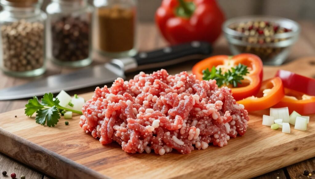 A close-up shot of freshly ground meat, finely textured and vibrant, placed on a rustic wooden cutting board. In the foreground, a small heap of minced meat is artfully arranged, surrounded by an array of colorful ingredients like chopped herbs, diced onions, and vibrant bell peppers that enhance its flavor. The middle ground features a pair of gleaming kitchen knives and a cutting board, showcasing the preparation process. In the background, softly blurred, there are hanging spices in glass jars and a bowl of mixed seasonings, inviting viewers to imagine the culinary possibilities. The lighting is warm and natural, creating an inviting atmosphere, while the angle captures the depth and richness of the meat, evoking a sense of delicious home cooking.