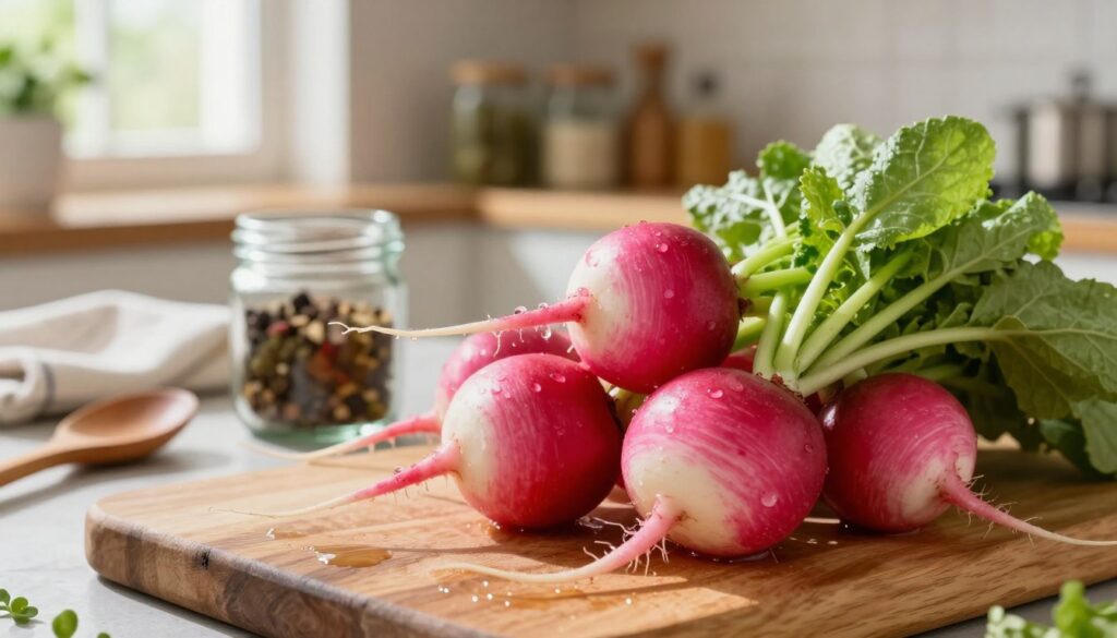 A close-up shot of freshly harvested radishes (rzodkiewki) showcasing their vibrant pinkish-red skin with crisp green tops, arranged artfully on a rustic wooden cutting board. The foreground highlights the smooth texture and natural shine of the radishes, with water droplets glistening as if just washed. In the middle ground, a small glass jar filled with pickling spices and a set of kitchen utensils like a wooden spoon and a clean cloth, hinting at the process of fermenting. The background is softly blurred, featuring a sunlit kitchen atmosphere, with shelves lined with jars and herbs, creating a warm and inviting ambiance. Natural light filters through the window, casting gentle shadows and enhancing the overall freshness of the scene.