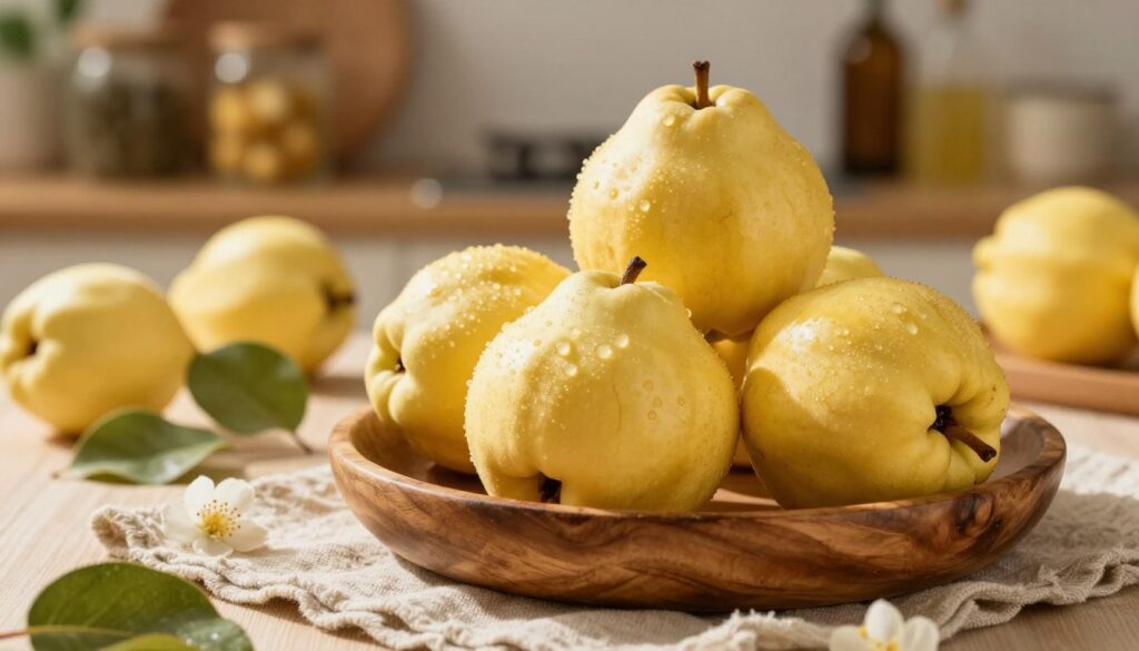 A close-up shot of ripe quince fruit (owoce pigwy) displayed in a rustic wooden bowl, arranged artistically on a textured linen cloth. The foreground features glistening, golden-skinned quinces with slight dew drops, showcasing their smooth surface and natural blemishes. In the middle, softly blurred leaves and a few scattered quince blossoms add depth, while subtle shadows hint at the sunlight illuminating the scene. The background fades into a soft-focus of a warm, inviting kitchen setting with wooden shelves holding jars and bottles, evoking a homely atmosphere. The lighting should be warm and natural, resembling late afternoon sunlight, creating a cozy and aromatic mood that complements the essence of quince in traditional recipes.