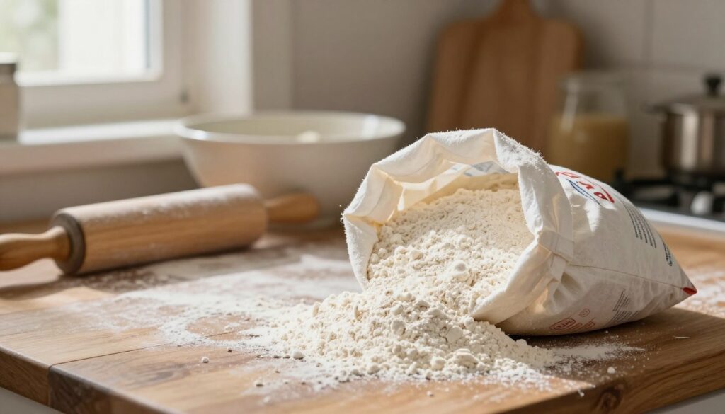 A close-up view of a bag of "typ 450 mąka" flour, prominently displayed in a rustic kitchen setting. The flour bag is opened slightly, and fine white flour spills onto a wooden countertop, creating a soft, inviting texture. In the background, a mixing bowl with dough is partially visible, showcasing the process of pizza-making. Warm, soft lighting filters through a nearby window, casting gentle shadows that enhance the cozy atmosphere. A vintage wooden rolling pin leans against the bowl, and scattered flour dust adds a touch of authenticity. The composition focuses on the flour, emphasizing its fine texture and quality, while creating a warm, homey mood typical of a domestic kitchen.