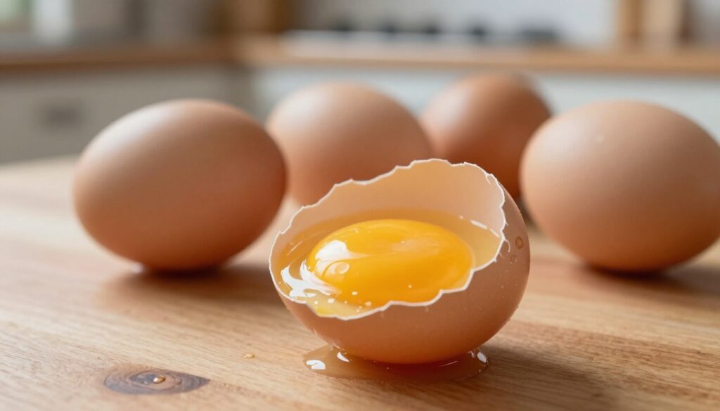 A close-up view of a broken duck egg resting on a wooden kitchen table, showcasing the delicate, translucent membrane and vibrant yellow yolk, with small droplets of moisture glistening in soft natural light. In the background, a few untouched duck eggs can be seen, emphasizing the contrast. The setting has warm, inviting tones that create a cozy and homely atmosphere. The lighting is soft and diffused, suggesting an early morning or late afternoon, enhancing the colors and textures of the eggs. The focus is sharp on the foreground egg, symbolizing the theme of food allergies, while the background is slightly blurred to emphasize the foreground subject.