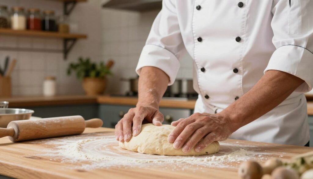 A close-up view of a chef's hands kneading pizza dough on a wooden countertop, showcasing the texture of the elastic and fluffy dough. In the foreground, flour dust lightly settles on the surface, and a rolling pin rests beside the dough. The middle ground captures the chef, a middle-aged individual in a white chef's coat, focused and wearing a satisfied expression. The background features a cozy, rustic kitchen with warm lighting, highlighting shelves filled with jars of spices and herbs. The overall mood is inviting and homey, conveying the craft of pizza making. The image should be bright and well-lit to emphasize the details of the dough and the surrounding kitchen atmosphere.