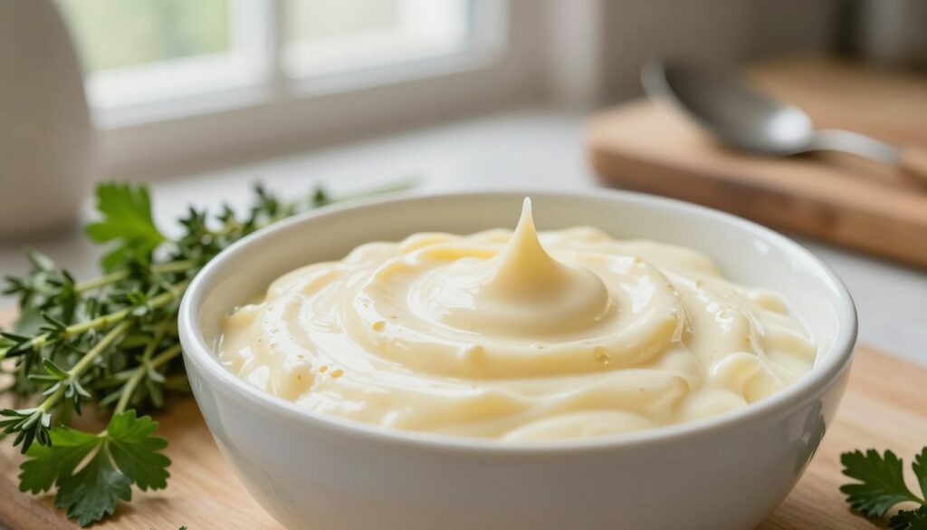 A close-up view of a creamy butter sauce in a rustic kitchen setting, showcasing a smooth, velvety texture. The sauce is artfully drizzled in a shallow white bowl, glistening under soft, natural lighting coming from a nearby window. Surrounding the bowl, fresh herbs like thyme and parsley add a burst of green. In the background, gently blurred kitchen elements such as wooden cutting boards and utensils create a warm, inviting atmosphere. The image captures the richness of dairy and the essence of culinary art, emphasizing the sauce's creamy consistency. Consider a shallow depth of field to focus on the sauce while maintaining an airy, cozy environment.