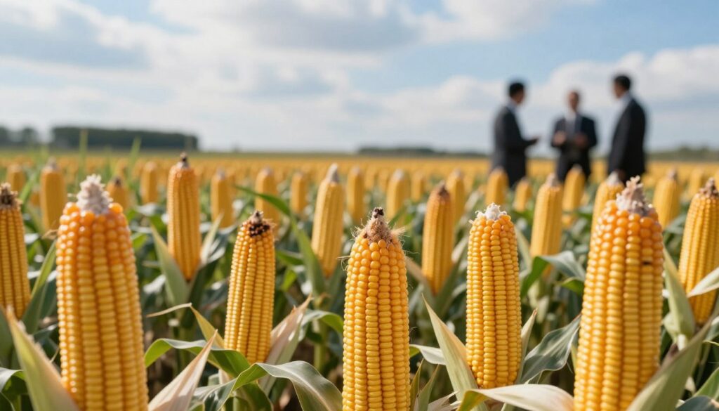 A close-up view of a field of vibrant yellow corn with both traditional and genetically modified (GMO) varieties. In the foreground, focus on the GMO corn, showcasing its robust, uniform appearance. In the middle ground, illustrate a diverse array of corn plants with discernible traits like irregular shapes and sizes, emphasizing the contrast. In the background, a subtle silhouette of a farm with a clear blue sky and soft sunlight filtering through clouds creates a serene atmosphere. Add a hint of tension with a few shadowy figures in professional attire discussing, symbolizing the ongoing debate around GMO safety. Use soft, natural lighting to evoke a sense of contemplation, while maintaining clarity and detail throughout the scene. A close-up view of a field of vibrant yellow corn with both traditional and genetically modified (GMO) varieties. In the foreground, focus on the GMO corn, showcasing its robust, uniform appearance. In the middle ground, illustrate a diverse array of corn plants with discernible traits like irregular shapes and sizes, emphasizing the contrast. In the background, a subtle silhouette of a farm with a clear blue sky and soft sunlight filtering through clouds creates a serene atmosphere. Add a hint of tension with a few shadowy figures in professional attire discussing, symbolizing the ongoing debate around GMO safety. Use soft, natural lighting to evoke a sense of contemplation, while maintaining clarity and detail throughout the scene.