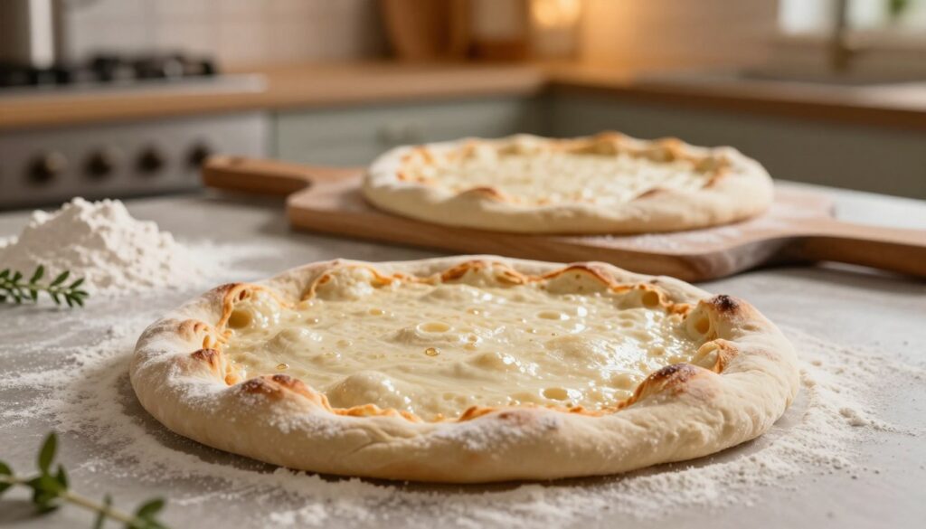A close-up view of a freshly made pizza dough, showcasing its texture and golden-brown crust. The foreground features a well-kneaded dough ball dusted with flour, with soft and airy edges indicating a crispy outer layer and a tender center. In the middle, a wooden pizza peel holds another dough round, slightly stretched, revealing soft bubbles and an inviting, slightly glossy surface. The background is a softly lit kitchen with warm, ambient lighting, highlighting a rustic countertop adorned with ingredients like flour, yeast, and herbs. The atmosphere is cozy and inviting, evoking the secrets of perfect pizza dough. The image is captured with a shallow depth of field to create a focused and intimate feel, emphasizing the dough's details while softly blurring the background.