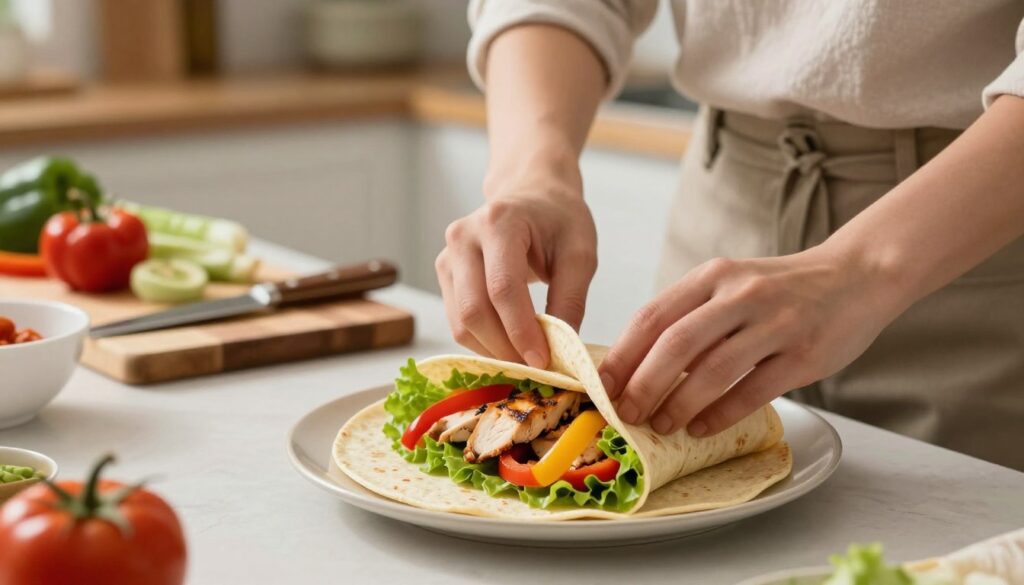 A close-up view of a kitchen counter where a person in a casual, modest attire is demonstrating how to wrap a tortilla. The foreground features a beautifully plated tortilla filled with fresh ingredients like grilled chicken, colorful bell peppers, and lettuce. The person’s hands are skillfully folding the tortilla, showing the technique step-by-step. The middle of the image reveals a clean, well-organized workspace with additional ingredients and tools, like a cutting board, knife, and bowls. The background suggests a cozy kitchen setting, softly lit to evoke a warm, inviting atmosphere. A shallow depth of field emphasizes the focused action of wrapping the tortilla, drawing the viewer's attention to the details and textures involved in the process.