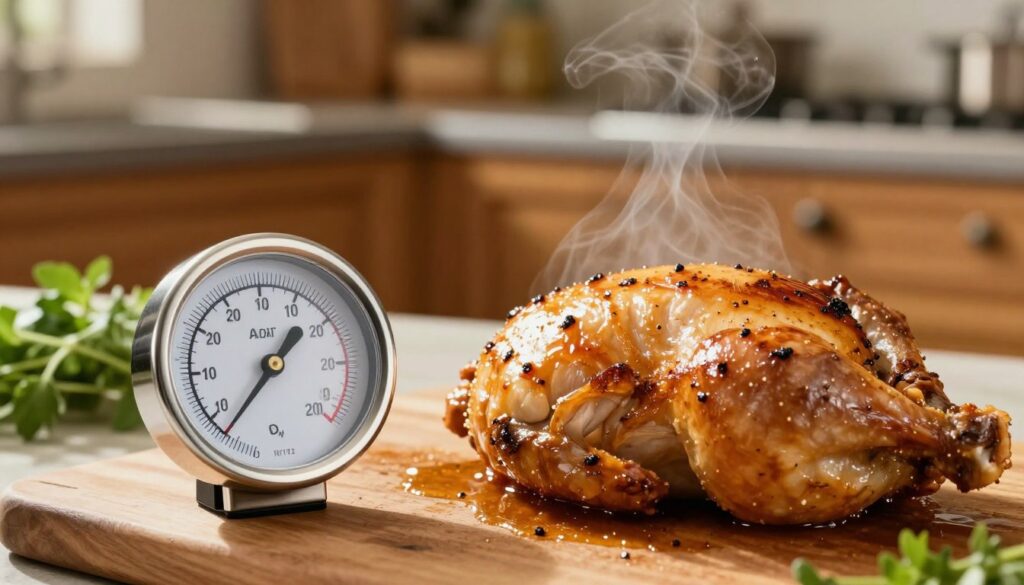 A close-up view of a kitchen meat thermometer with a sleek stainless steel design, positioned next to a perfectly roasted chicken breast glistening with juices. In the foreground, the thermometer's dial indicates the ideal temperature, emphasizing precision in cooking. The background features a cozy kitchen setting, with warm, ambient lighting highlighting wooden cabinetry and fresh herbs on a cutting board. The scene captures the mouthwatering texture of the chicken, steam rising gently, suggesting a freshly cooked meal. The atmosphere is inviting and homey, ideal for a family dinner or a gourmet experience, showcasing the importance of using a kitchen thermometer for perfect results. The image should evoke warmth and culinary expertise without any text or distractions.