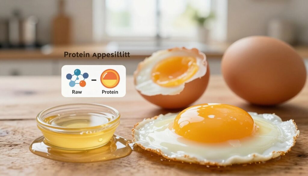 A close-up view of a perfectly cooked egg with a soft, runny yolk, placed on a rustic wooden table. In the foreground, a sliced open raw egg demonstrates its clear, viscous texture, while a cooked egg is showcased beside it, depicting the contrast in presentation. In the middle, an infographic-style depiction subtly illustrates protein accessibility levels from raw versus cooked eggs—hinting at molecular structures and nutritional elements. The background features warm, diffused natural lighting filtering through a window, creating a welcoming kitchen ambience. The overall mood is educational yet inviting, perfect for a wellness-focused discussion on cooking methods and protein bioavailability. A close-up view of a perfectly cooked egg with a soft, runny yolk, placed on a rustic wooden table. In the foreground, a sliced open raw egg demonstrates its clear, viscous texture, while a cooked egg is showcased beside it, depicting the contrast in presentation. In the middle, an infographic-style depiction subtly illustrates protein accessibility levels from raw versus cooked eggs—hinting at molecular structures and nutritional elements. The background features warm, diffused natural lighting filtering through a window, creating a welcoming kitchen ambience. The overall mood is educational yet inviting, perfect for a wellness-focused discussion on cooking methods and protein bioavailability.