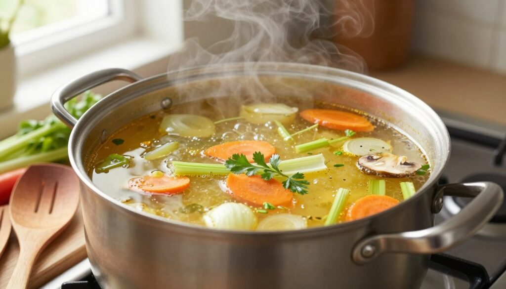 A close-up view of a pot simmering on a stove, filled with a vibrant, golden vegetable broth, rich with fresh herbs, carrots, celery, and onions. The pot emits gentle steam, creating a cozy kitchen atmosphere. In the foreground, wooden utensils and fresh vegetables are artfully arranged, adding warmth and texture. The background features a blurred kitchen interior, softly illuminated by natural light pouring in from a nearby window, enhancing the inviting mood. The shot is captured from a slightly elevated angle, focusing on the bubbling broth, inviting the viewer to imagine the deep flavors being developed for a creamy mushroom soup.