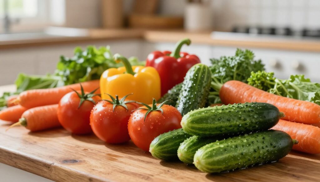 A close-up view of a vibrant, fresh vegetable selection, showcasing a variety of vegetables that are commonly known, such as cucumbers, tomatoes, bell peppers, and carrots, arranged artfully on a rustic wooden table. In the foreground, highlight the glistening cucumbers, with water droplets on their surface to convey freshness. The middle ground features a colorful blend of other vegetables, emphasizing their varied shapes and textures. The background is softly blurred, depicting a warm, inviting kitchen environment with natural light streaming in from a nearby window, casting gentle shadows. The overall mood is bright and cheerful, evoking a sense of culinary exploration and the definition of vegetables in the culinary sense, focusing on their essential qualities in a kitchen setting.