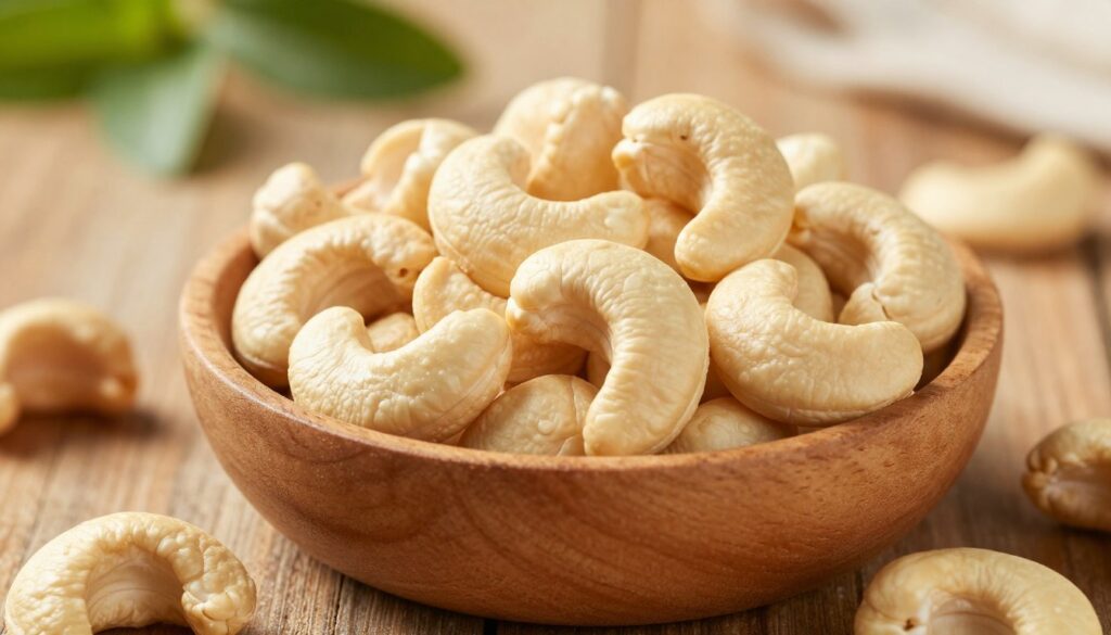 A close-up view of a wooden bowl filled with raw, whole cashews, showcasing their smooth, curved shapes and creamy beige color. Surrounding the bowl are scattered loose cashews on a rustic wooden surface, highlighting their natural texture. In the background, softly blurred greenery suggests a healthy lifestyle, conveying freshness and wellbeing. The lighting is soft and warm, creating a welcoming and calming atmosphere. The scene is set from a slightly elevated angle, focusing on the details of the cashews while allowing the background to contribute to the overall mood. The image should evoke a sense of safety and health, reflecting the theme of food safety and potential allergens associated with cashew consumption.