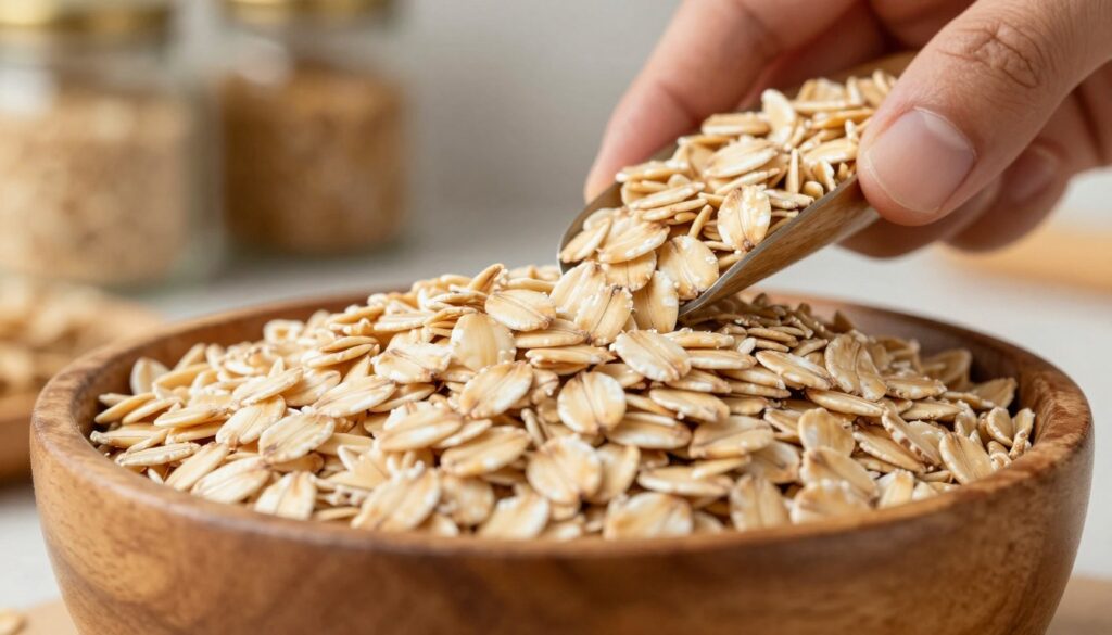 A close-up view of certified gluten-free oats in a rustic wooden bowl, showcasing their texture and color in vivid detail. The foreground highlights individual oat grains glistening under soft, natural lighting, capturing their earthy tones of light beige and golden brown. In the middle ground, a gentle hand reaches to scoop some oats, emphasizing their use in a healthy diet. The background features a blurred, cozy kitchen setting with shelves filled with jars of gluten-free ingredients, reinforcing the wholesome atmosphere. The scene conveys warmth and safety, suitable for a health-conscious audience, with a focus on the process of ensuring oats are gluten-free to enhance dietary choices.