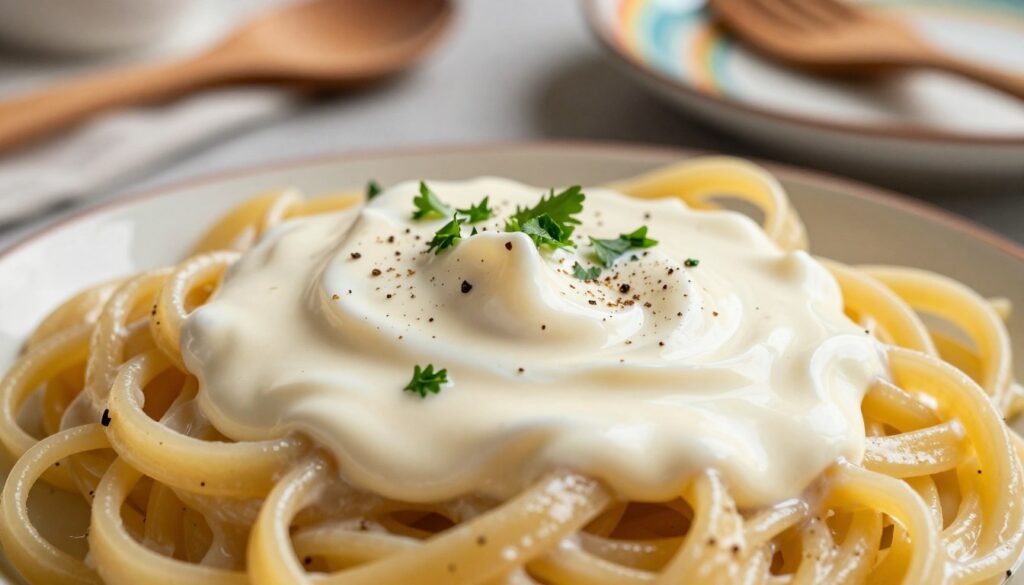 A close-up view of creamy, rich "sos śmietanowy" drizzled over al dente pasta, creating a glossy sheen. The foreground captures the swirling motion of the sauce, highlighting its texture with flecks of cracked black pepper and fresh parsley sprinkled on top for color. In the middle, the pasta glistens under soft, warm lighting, showcasing the creamy sauce's smoothness. Slightly blurred in the background, a rustic kitchen setting with wooden utensils and a colorful plate, evoking a cozy atmosphere. The image conveys a sense of comfort and simplicity, perfect for a quick meal. The photography is taken from a slight overhead angle, with a shallow depth of field focusing on the pasta and sauce while softly blurring the background for an inviting look.