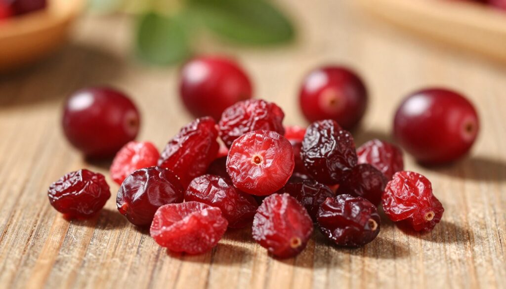 A close-up view of freeze-dried cranberries, showcasing their vibrant red color and unique texture, arranged artistically on a rustic wooden surface. In the foreground, display the freeze-dried cranberries scattered attractively, highlighting their crunchy appearance. In the middle ground, place a few whole, fresh cranberries to create a contrast, with their glossy sheen and deep hue. In the background, softly blurred, include subtle hints of green foliage to evoke a natural setting. The lighting should be warm and inviting, casting soft shadows that enhance the textures of the cranberries. The atmosphere should convey freshness and health, ideal for illustrating the benefits of freeze-dried cranberries.