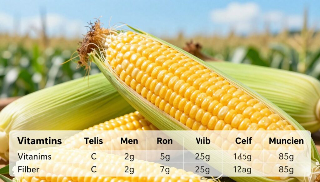 A close-up view of fresh corn on the cob, with golden kernels glistening in the light, showcasing their rich nutritional values. In the foreground, include a detailed focus on a nutrient chart displaying key vitamins, minerals, and fiber content associated with corn, such as vitamin C and magnesium. The middle ground features vibrant green corn husks partially peeling back, emphasizing the freshness of the corn. The background has a soft, blurred landscape of cornfields under a bright blue sky, suggesting a healthy and natural environment. Use natural lighting to enhance the textures and colors, creating a vibrant and inviting mood that conveys the health benefits of corn. The composition should evoke a sense of wellness and natural abundance without any distractions.