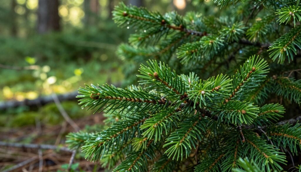 A close-up view of fresh pine shoots, vibrant green with delicate, needle-like leaves. The scene is set in a serene forest environment, with softly diffused sunlight filtering through the trees, creating dappled light patterns on the forest floor. In the foreground, focus on a cluster of the pine shoots, glistening with morning dew, showcasing their texture and color. In the middle ground, additional pine branches can be seen, adding depth to the composition. The background consists of lush, blurred greenery to create a sense of depth and tranquility. The overall mood is peaceful and natural, reflecting the essence of pine-infused herbal preparations. Ideal for illustrating traditional processes of crafting herbal infusions.