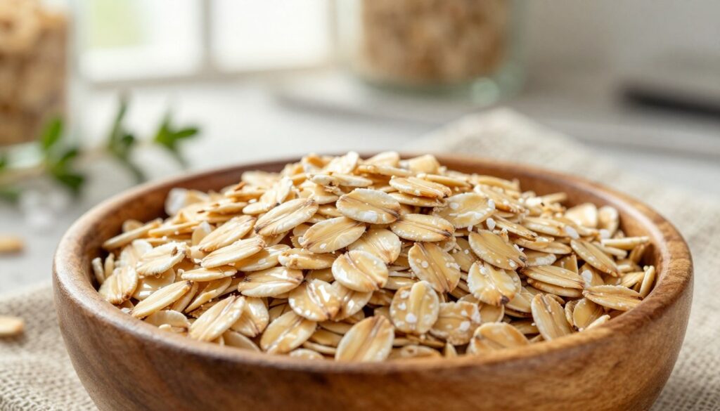 A close-up view of gluten-free oats presented in a rustic wooden bowl, surrounded by a textured linen cloth. In the foreground, the oats are glistening with a gentle sheen, highlighting their natural golden hue. The middle ground features a small scattering of coarse sea salt and a few sprigs of fresh herbs, symbolizing the purity of gluten-free grains. In the background, soft-focus elements of a kitchen with sunlight streaming through a window create a warm, inviting atmosphere. The overall mood is one of health and safety, emphasizing the importance of gluten-free choices. Soft natural lighting enhances the texture of the oats, making them appear wholesome and appealing.