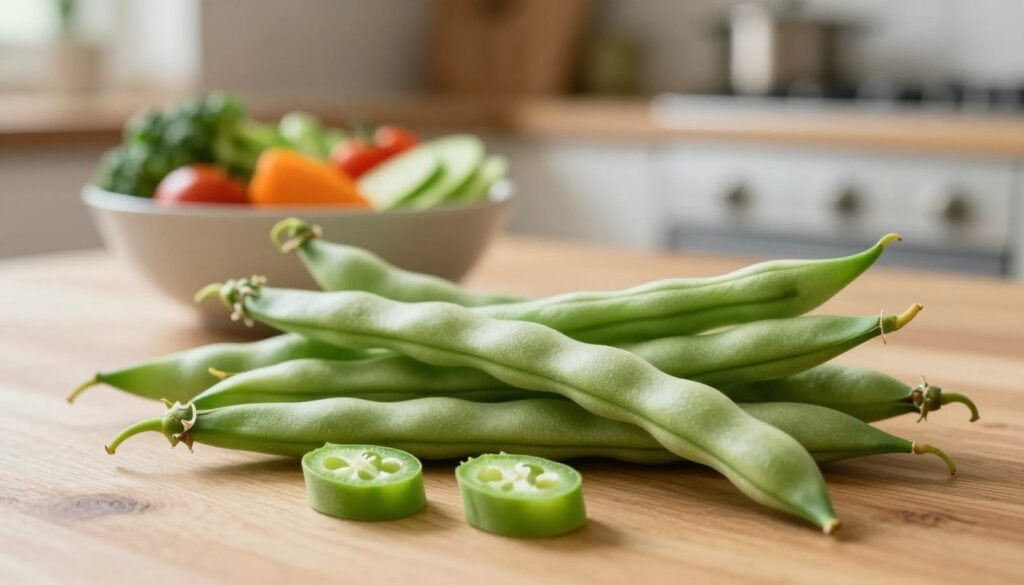 A close-up view of green beans (fasolka) arranged artistically on a wooden table, showcasing their fresh texture and vibrant color. In the foreground, display a few beans cut in half to reveal their internal structure, emphasizing their nutritional value. In the middle ground, include a bowl filled with various colorful vegetables, hinting at a balanced diet. The background features a soft-focus kitchen setting bathed in warm natural light, creating a cozy atmosphere. Use a shallow depth of field to draw attention to the beans. The overall mood is healthy and inviting, highlighting the theme of glycemic index and blood sugar control with a focus on wholesome eating.