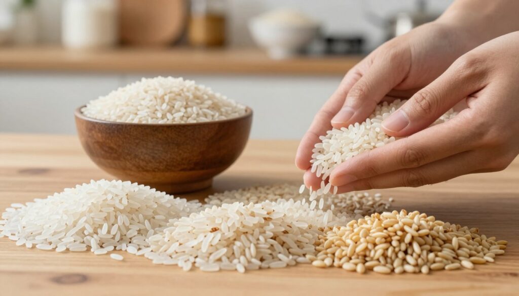 A close-up view of high-quality rice grains on a wooden kitchen table, showcasing their unique characteristics. In the foreground, focus on various types of rice, like jasmine, basmati, and arborio, each exhibiting differing textures and colors—some grains are long and slender while others are plump and round. The midground features a rustic bowl filled with uncooked rice grains, and a pair of hands gently inspecting the rice, highlighting the importance of quality. The background is softly blurred, revealing a well-organized kitchen with ingredients for a rice dish, bathed in warm, natural light. The atmosphere is inviting and educational, emphasizing the significance of recognizing good-quality rice before cooking.
