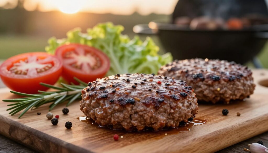 A close-up view of juicy marinated hamburger patties resting on a wooden cutting board, showcasing a succulent texture and rich, glistening surface. The foreground features a variety of herbs and spices scattered around, emphasizing the marinade's ingredients, such as garlic, rosemary, and black pepper. In the middle ground, a vibrant splash of colorful vegetables, like sliced tomatoes and crisp lettuce, hints at fresh toppings. The background is a blurred outdoor grilling scene, with a warm, golden sunset casting soft, inviting light over the whole composition. The overall mood is appetizing and enticing, making the viewer crave the delicious outcome of marinating. Use a shallow depth of field to enhance focus on the patties, with a warm color palette to evoke a cozy atmosphere.